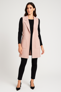 Sleeveless, open-front longline jacket with Notched lapel collar