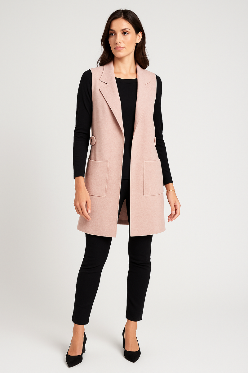 Sleeveless, open-front longline jacket with Notched lapel collar