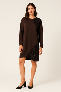 Round Neck, Sequin Detailed, Fleece Lined, Two Pocket Dress