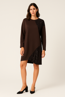 Round Neck, Sequin Detailed, Fleece Lined, Two Pocket Dress