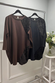 Round Neck, Sequin Detailed, Fleece Lined, Two Pocket Dress