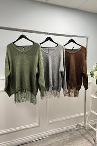 V-Neck, Lace Hem Detailed, Mohair, Acrylic & Nylon Knitted Jumper