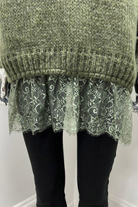 V-Neck, Lace Hem Detailed, Mohair, Acrylic & Nylon Knitted Jumper