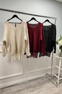 V-Neck, Lace Hem Detailed, Mohair, Acrylic & Nylon Knitted Jumper