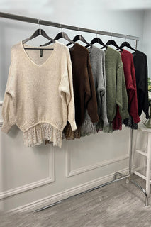 V-Neck, Lace Hem Detailed, Mohair, Acrylic & Nylon Knitted Jumper