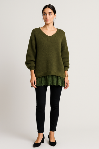 V-Neck, Lace Hem Detailed, Mohair, Acrylic & Nylon Knitted Jumper