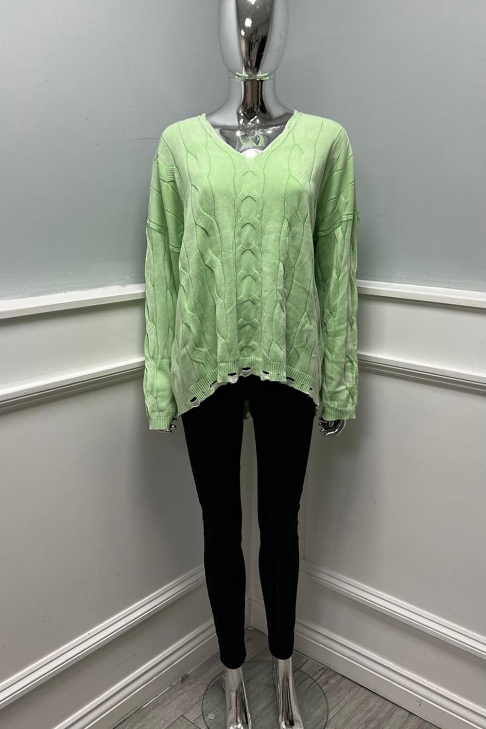 V-Neck, Cable Knit Detailed, 100% Cotton Top