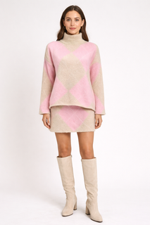 High Neck, Mohair, Acrylic & Nylon Knitted, Elasticated Waist, Two Piece Skirt Set.