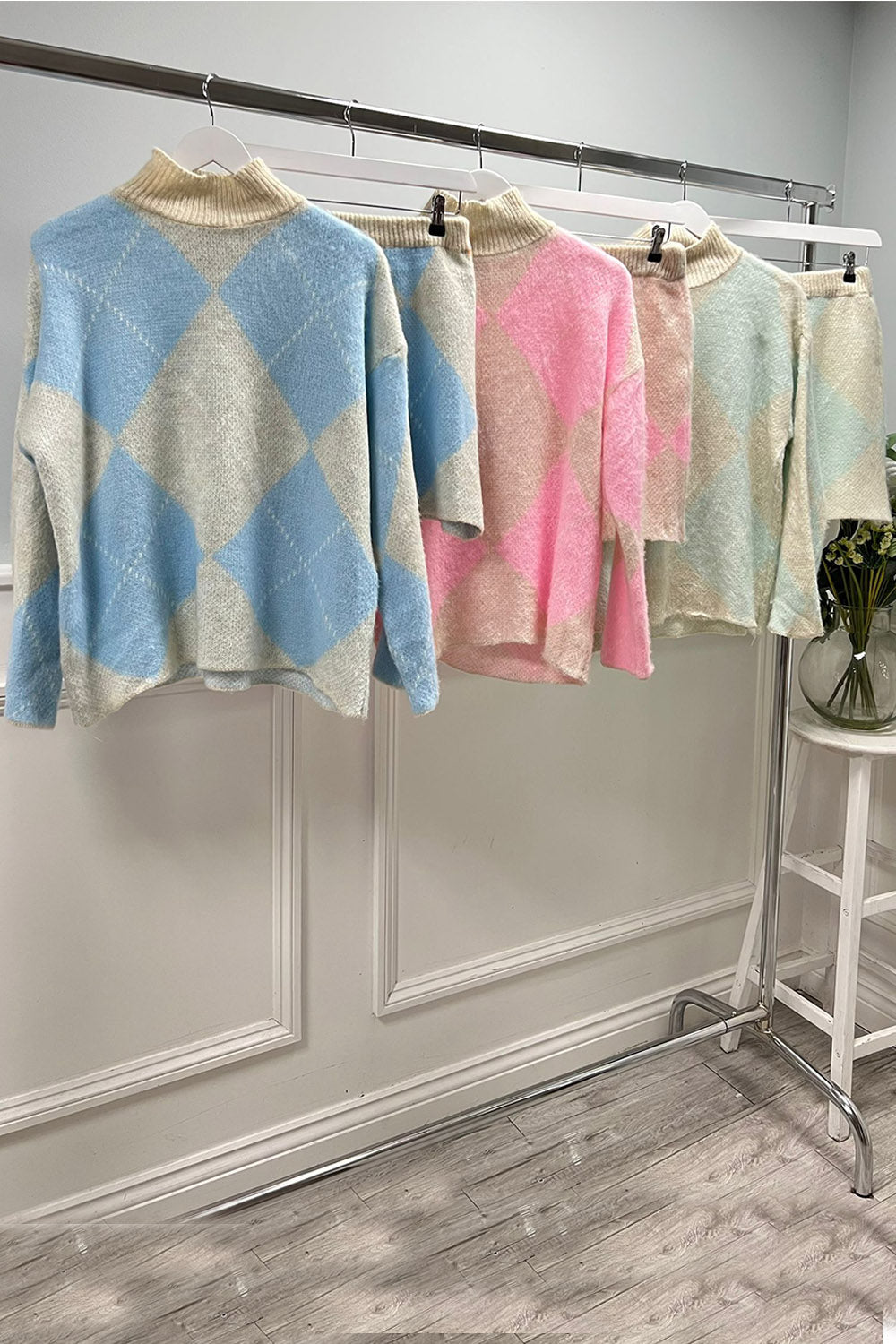 High Neck, Mohair, Acrylic & Nylon Knitted, Elasticated Waist, Two Piece Skirt Set.