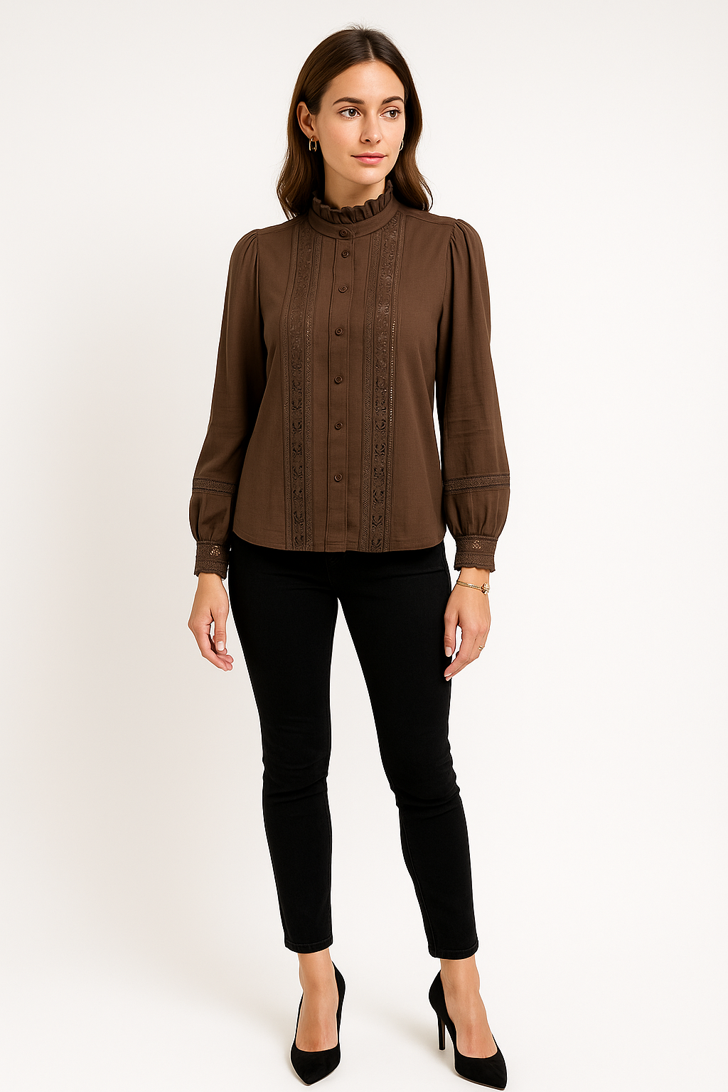 High Neck, Button Through, Crochet Detailed, Viscose Top