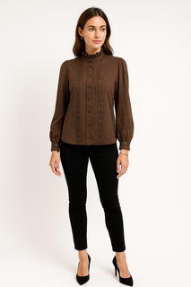 High Neck, Button Through, Crochet Detailed, Viscose Top