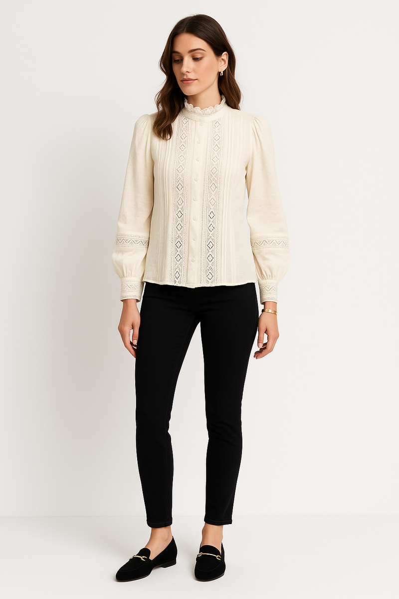 Lace top with pin tuck detailing & a high ruffled collar,  softly puffed sleeves