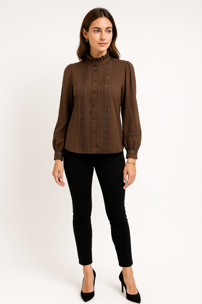 High Neck, Button Through, Crochet Detailed, Viscose Top
