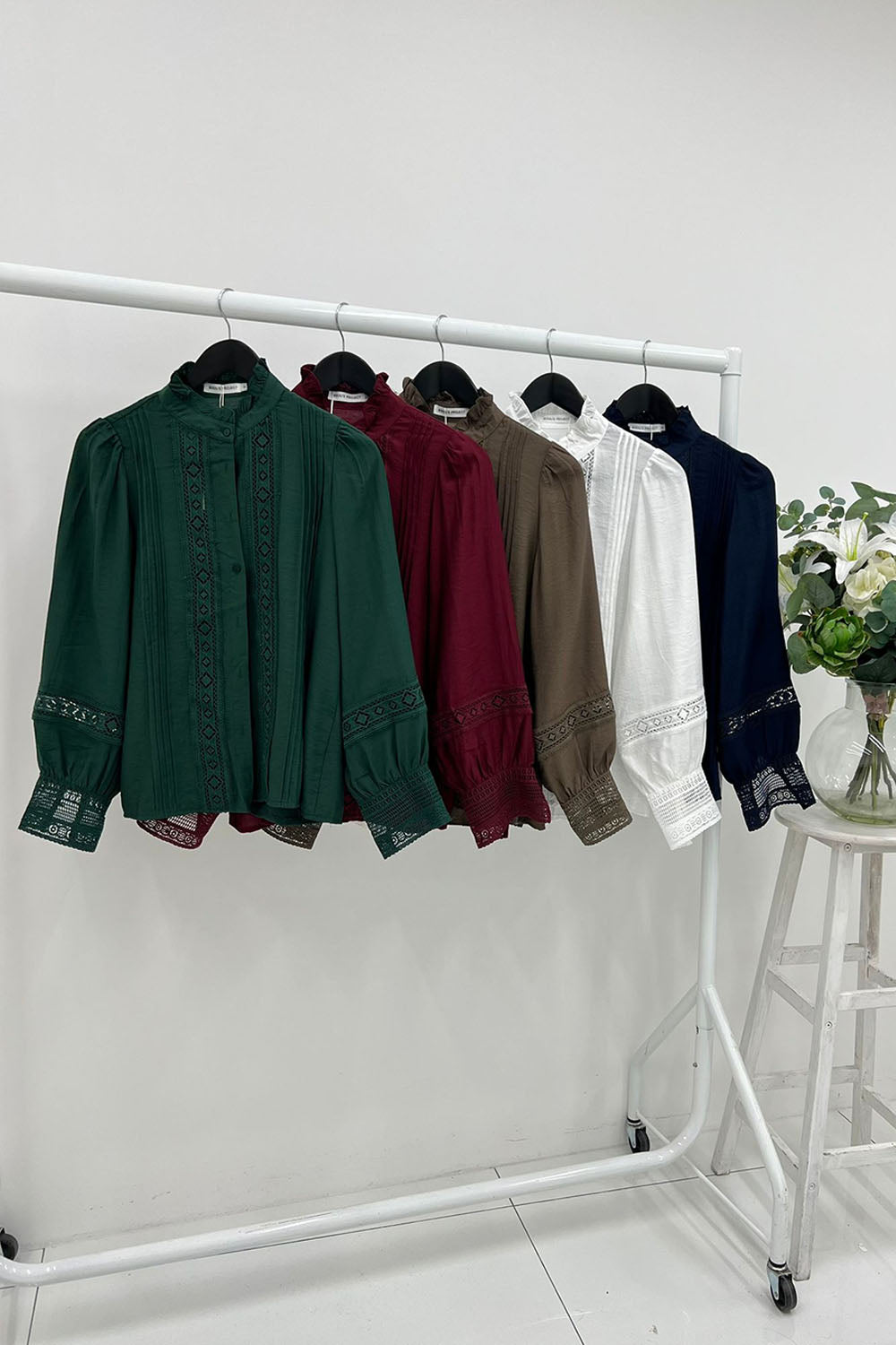High Neck, Button Through, Crochet Detailed, Viscose Top