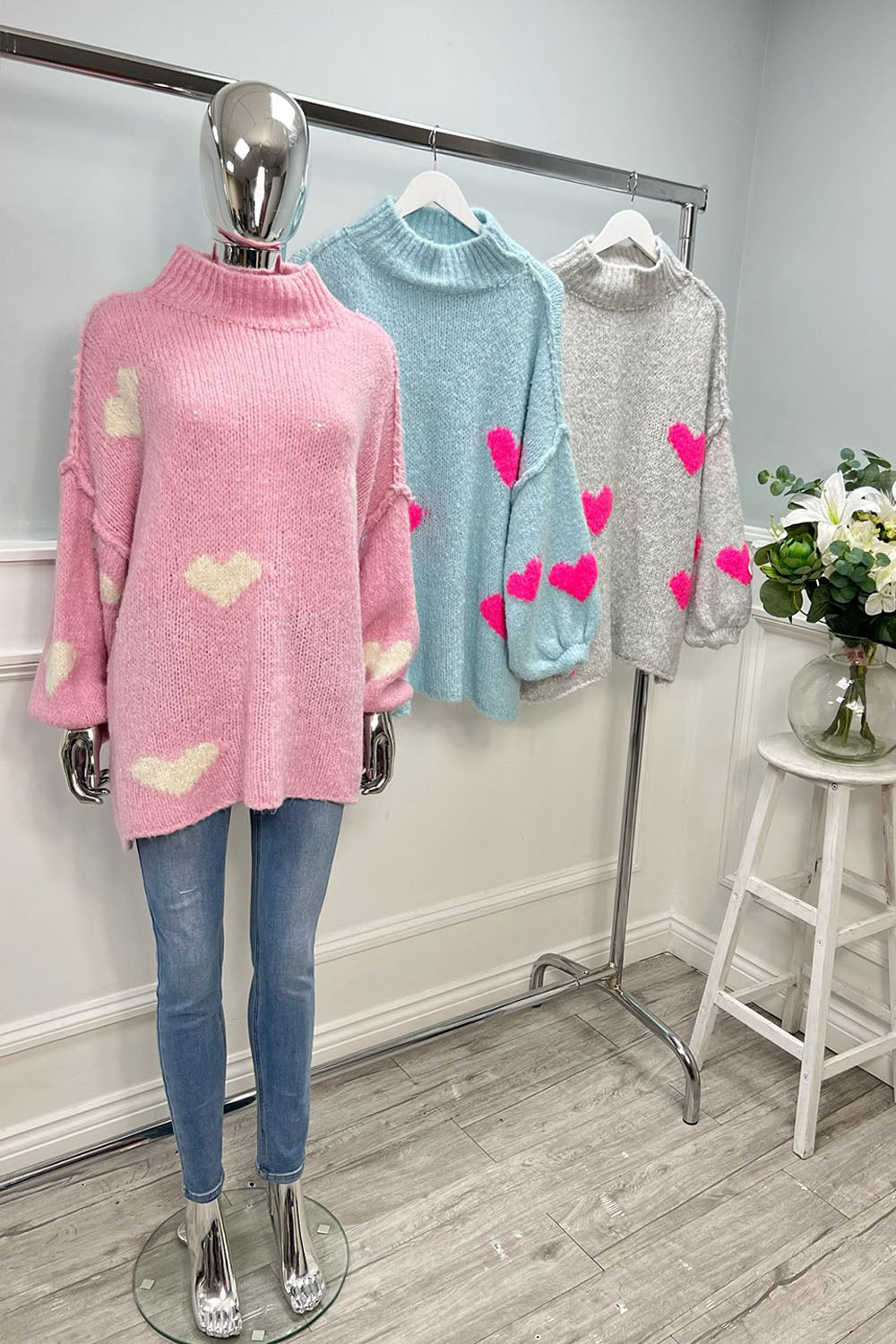 High Neck, Love Heart ❤️ Detailed, Balloon Sleeve, Lana Wool & Viscose Knitted Jumper