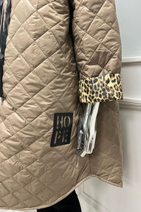 quilted taupe coat with leopard print lining