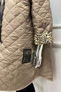 quilted taupe coat with leopard print lining