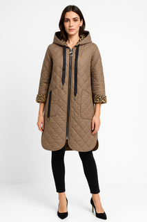 quilted taupe coat with leopard print lining