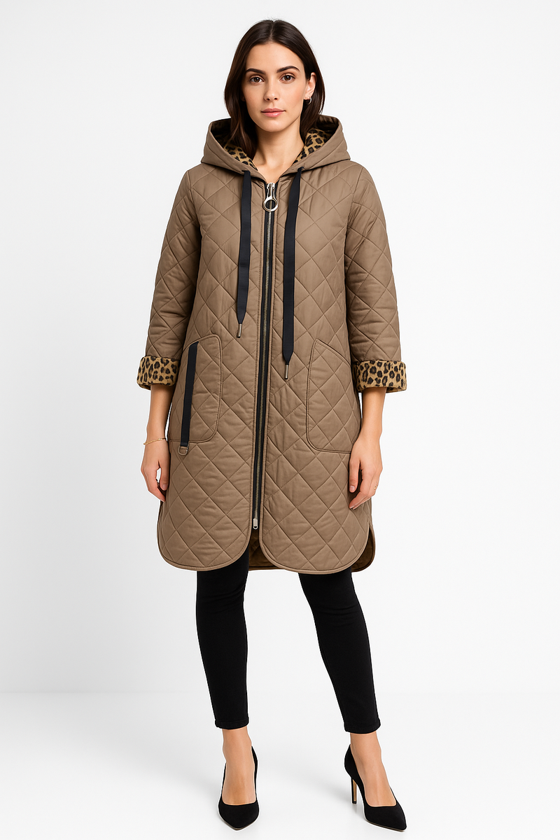 quilted taupe coat with leopard print lining