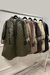 quilted taupe coat with leopard print lining