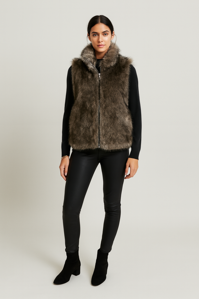 Sleeveless faux fur &nbsp;jacket with front zipper closure