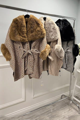 Herringbone wrap coat with luxe faux fur trim