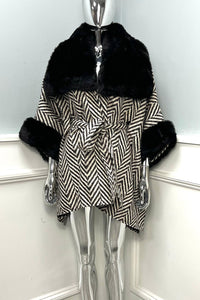 Herringbone wrap coat with luxe faux fur trim