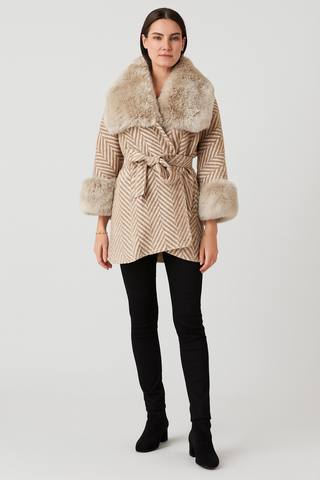 Herringbone wrap coat with luxe faux fur trim