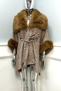 Herringbone wrap coat with luxe faux fur trim