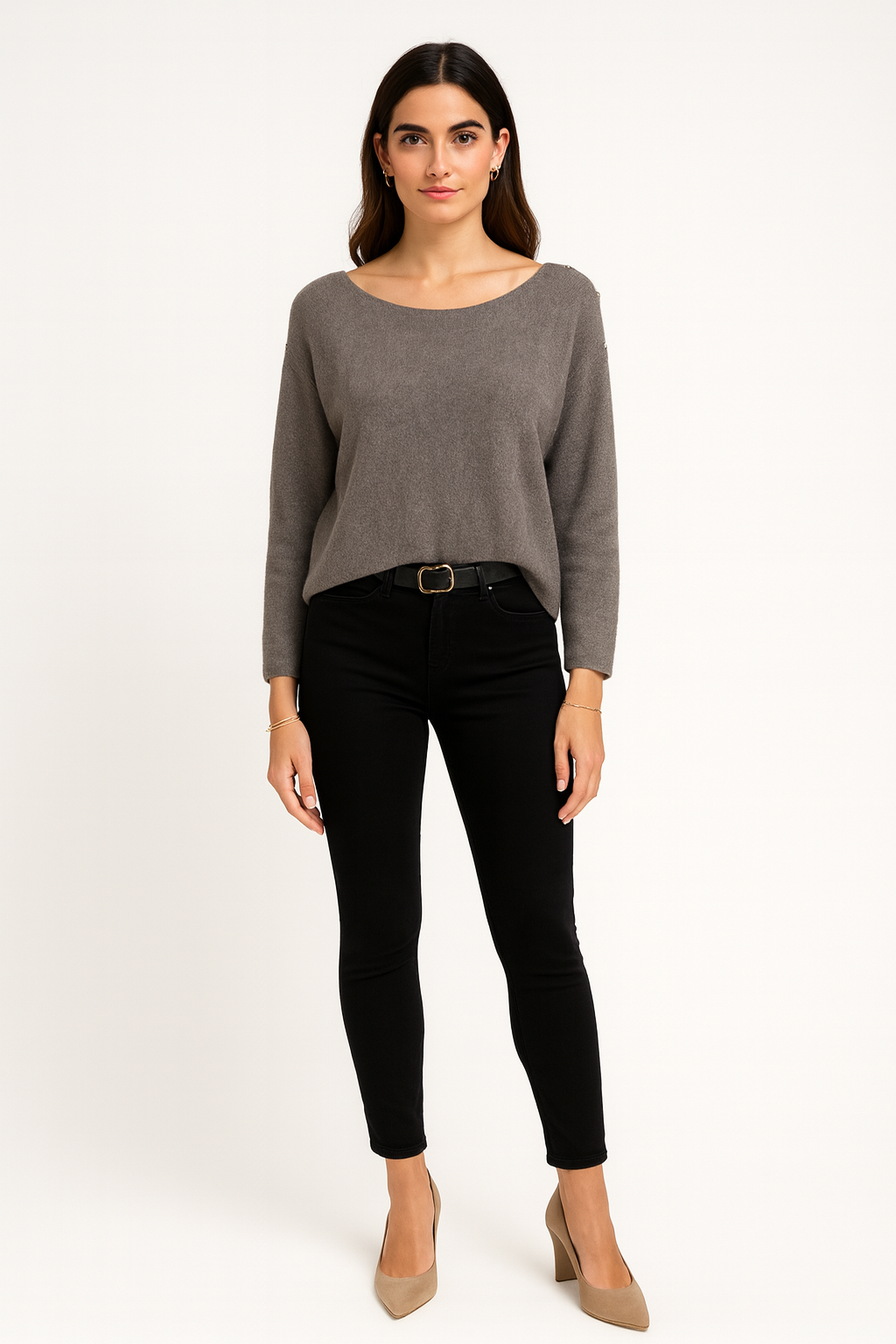 Slash Neck, Stud Detailed, Viscose Knitted Jumper.
