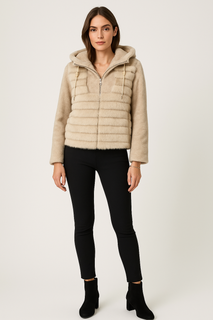 Faux Fur jacket with metallic-detailed drawstrings & circular-zip closure.