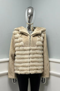 Faux Fur jacket with metallic-detailed drawstrings & circular-zip closure.