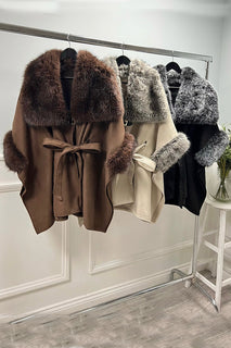 Black wrap coat with faux fur trim