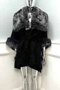 Black wrap coat with faux fur trim