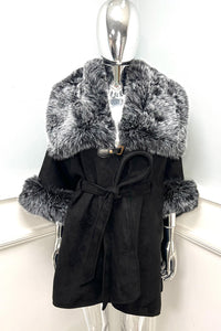 Black wrap coat with faux fur trim