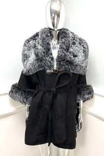 Black wrap coat with faux fur trim