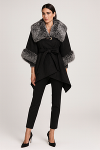Black wrap coat with faux fur trim