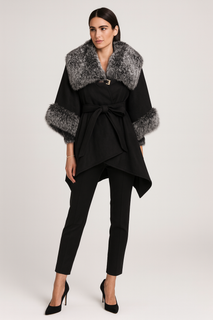 Black wrap coat with faux fur trim