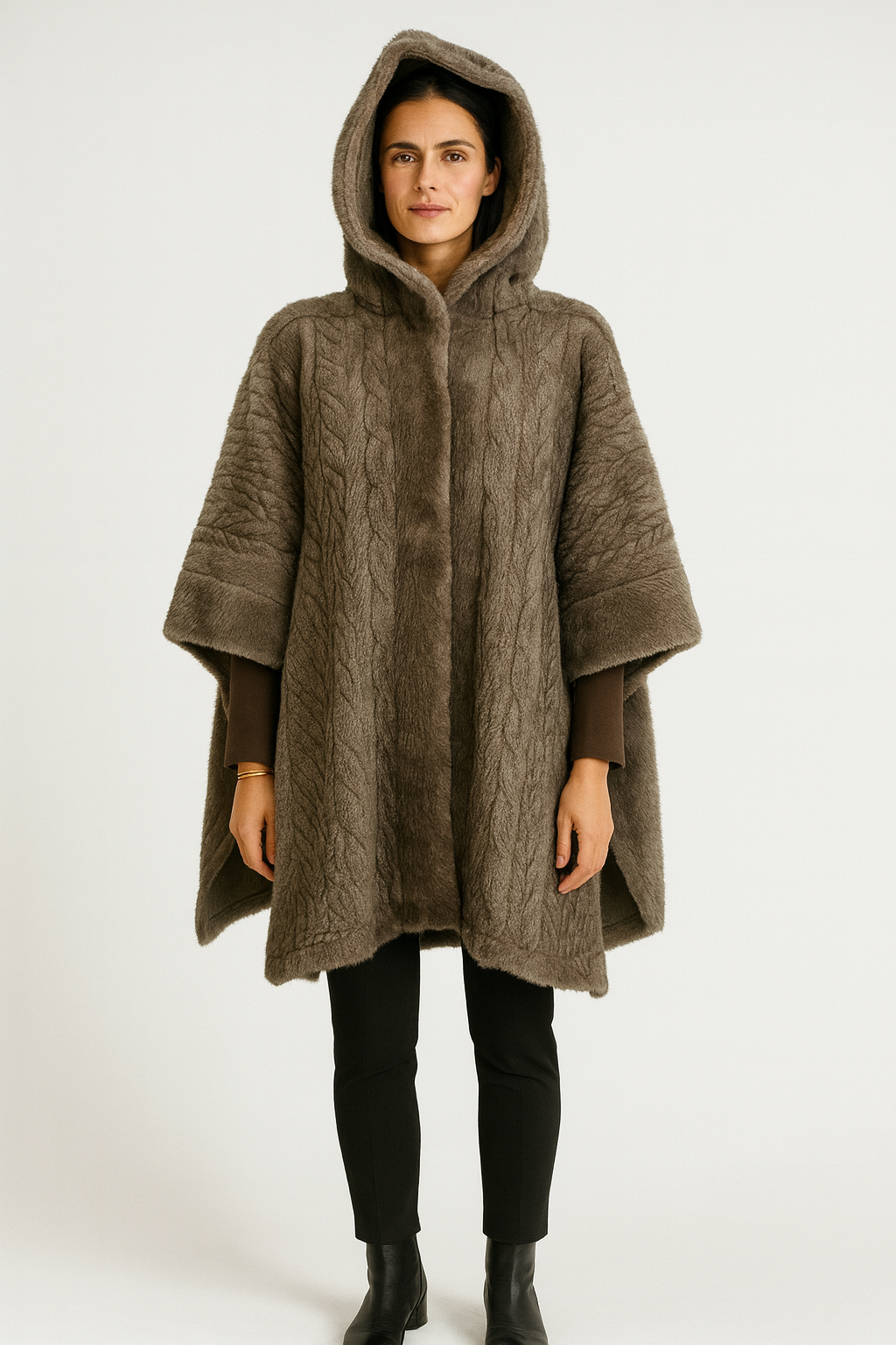 Cable-Texture Faux-Fur Hooded Cape