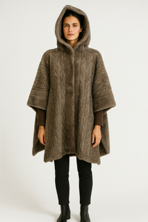Cable-Texture Faux-Fur Hooded Cape