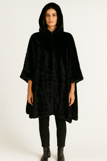 Cable-Texture Faux-Fur Hooded Cape