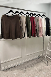 V-neck , Long sleeves Leopard trim Jumper
