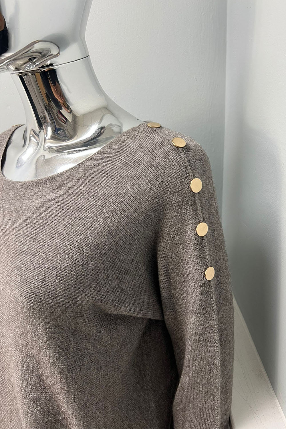 Slash Neck, Stud Detailed, Viscose Knitted Jumper.