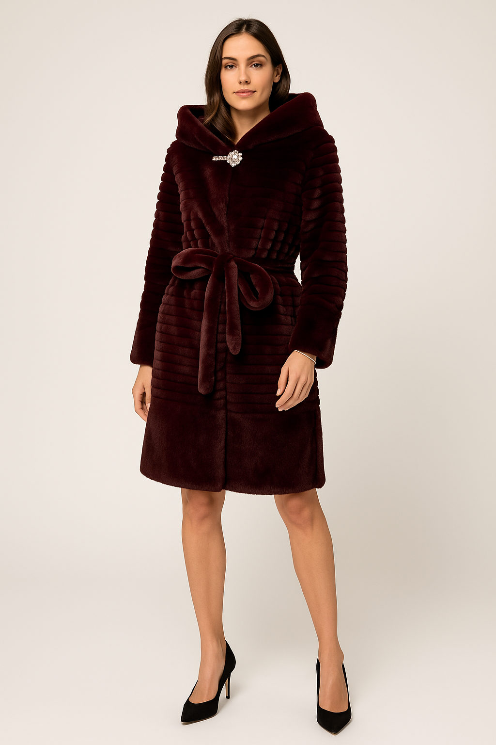 Faux fur Jacket with brooch closure at the neck & self-tie belt