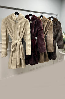 Faux fur Jacket with brooch closure at the neck & self-tie belt