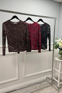 Round Neck, Sequin Embroidery Detailed, Mesh Top