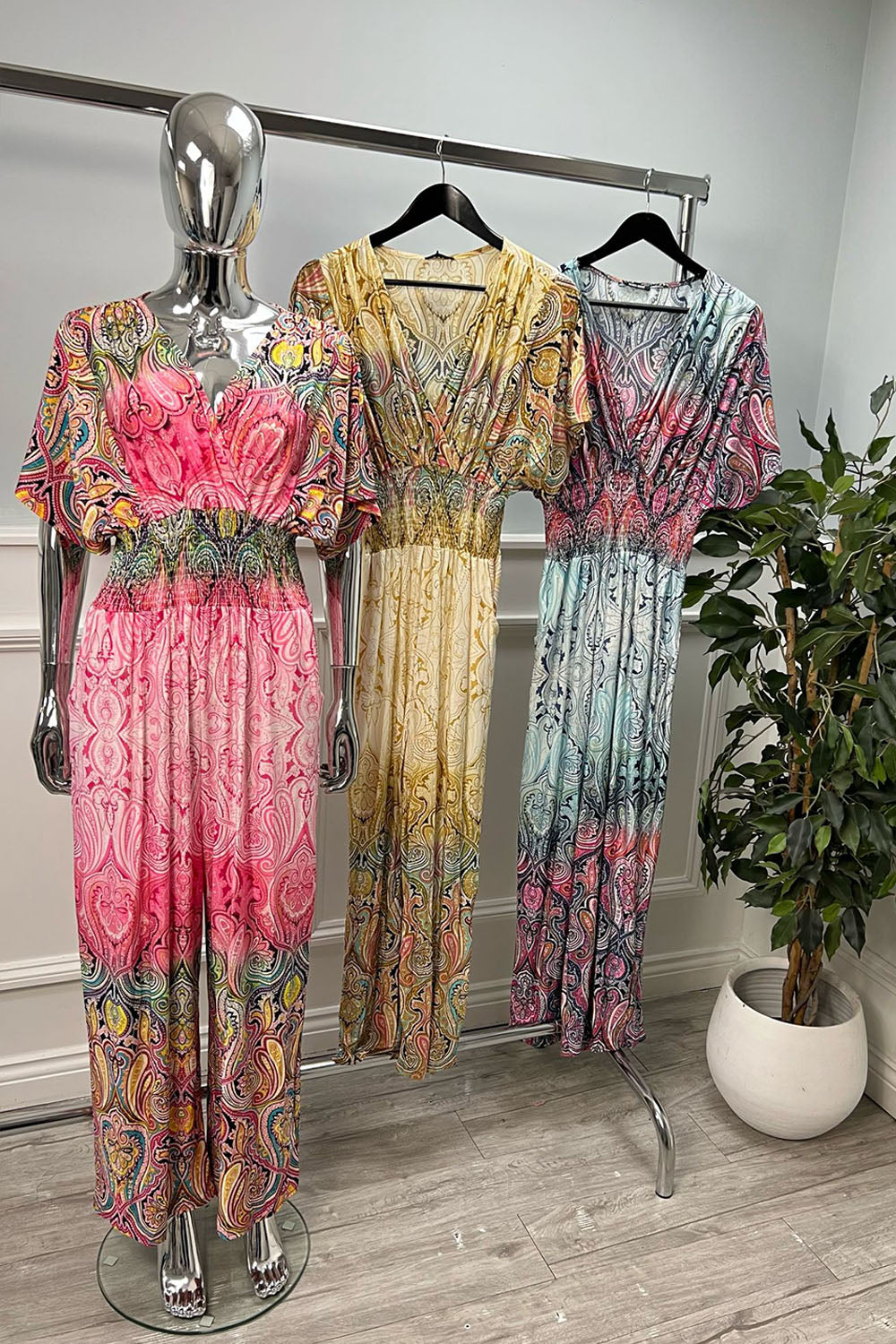 V Wrap Over, Elasticated Waist, Two Pocket Wide Leg Slinky Jumpsuit