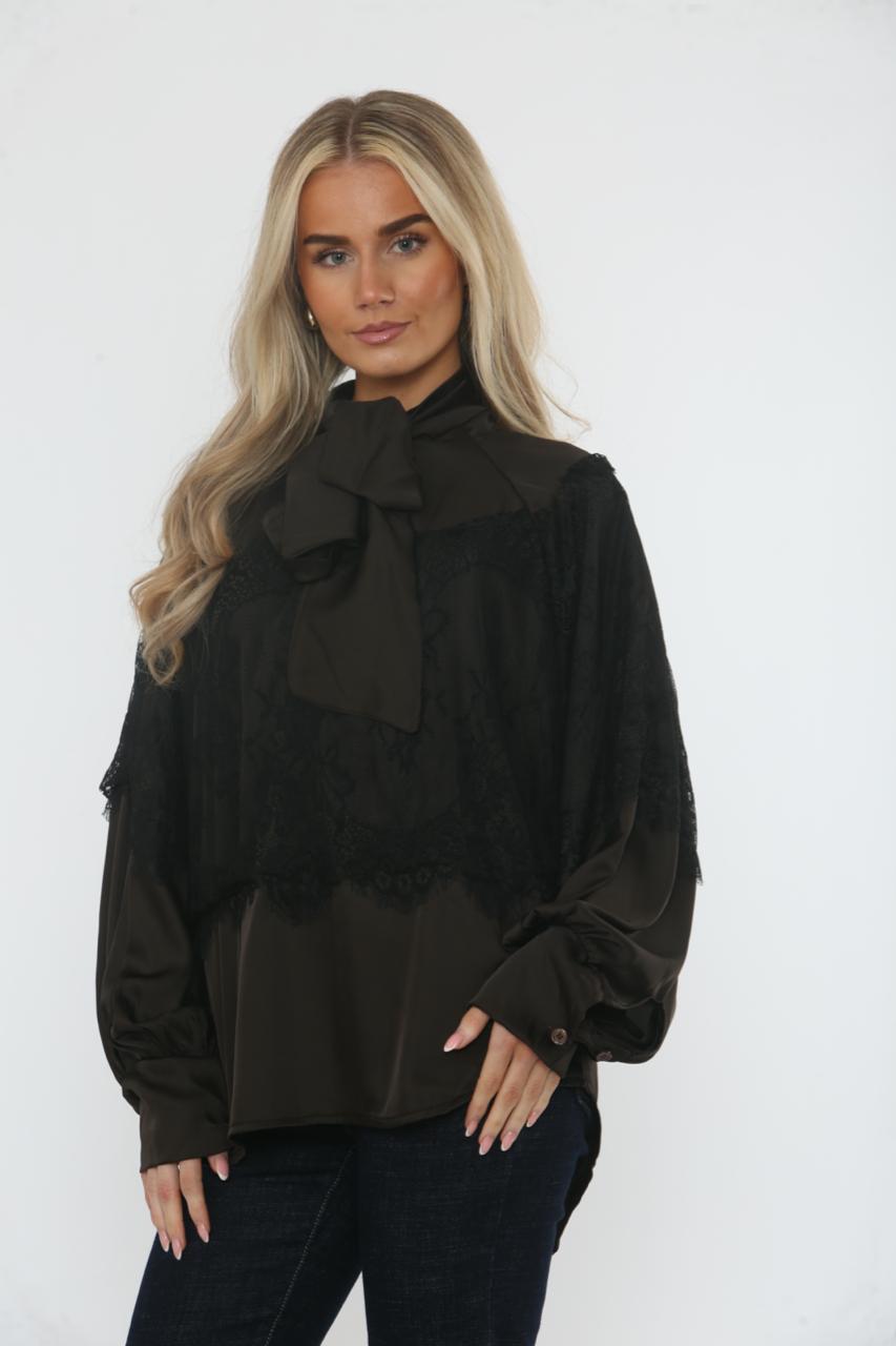 High Neck, Lace & Bow Detailed, Satin Top.