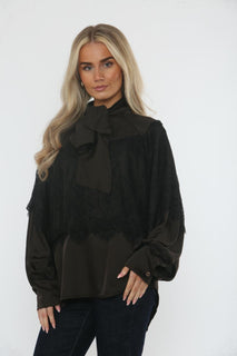 High Neck, Lace & Bow Detailed, Satin Top.