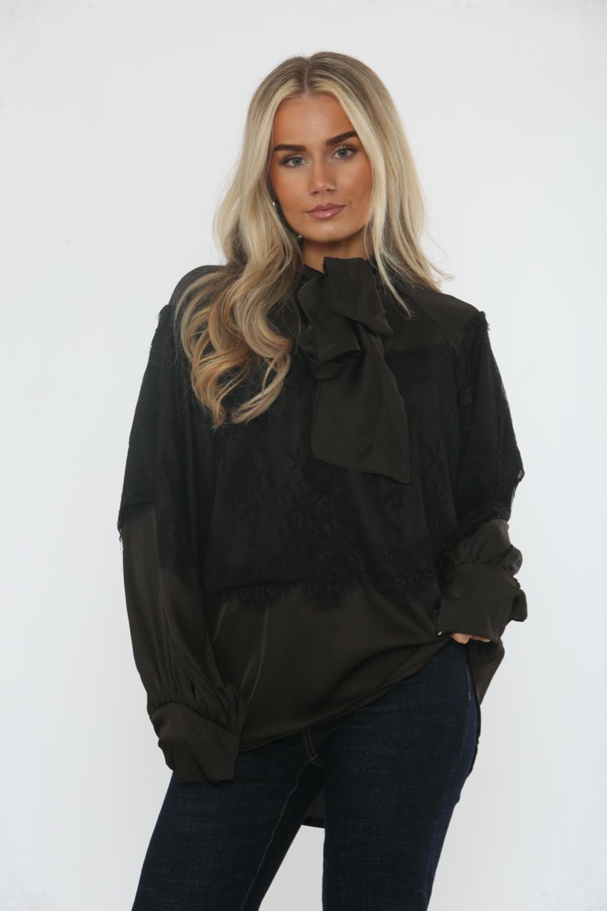 High Neck, Lace & Bow Detailed, Satin Top.